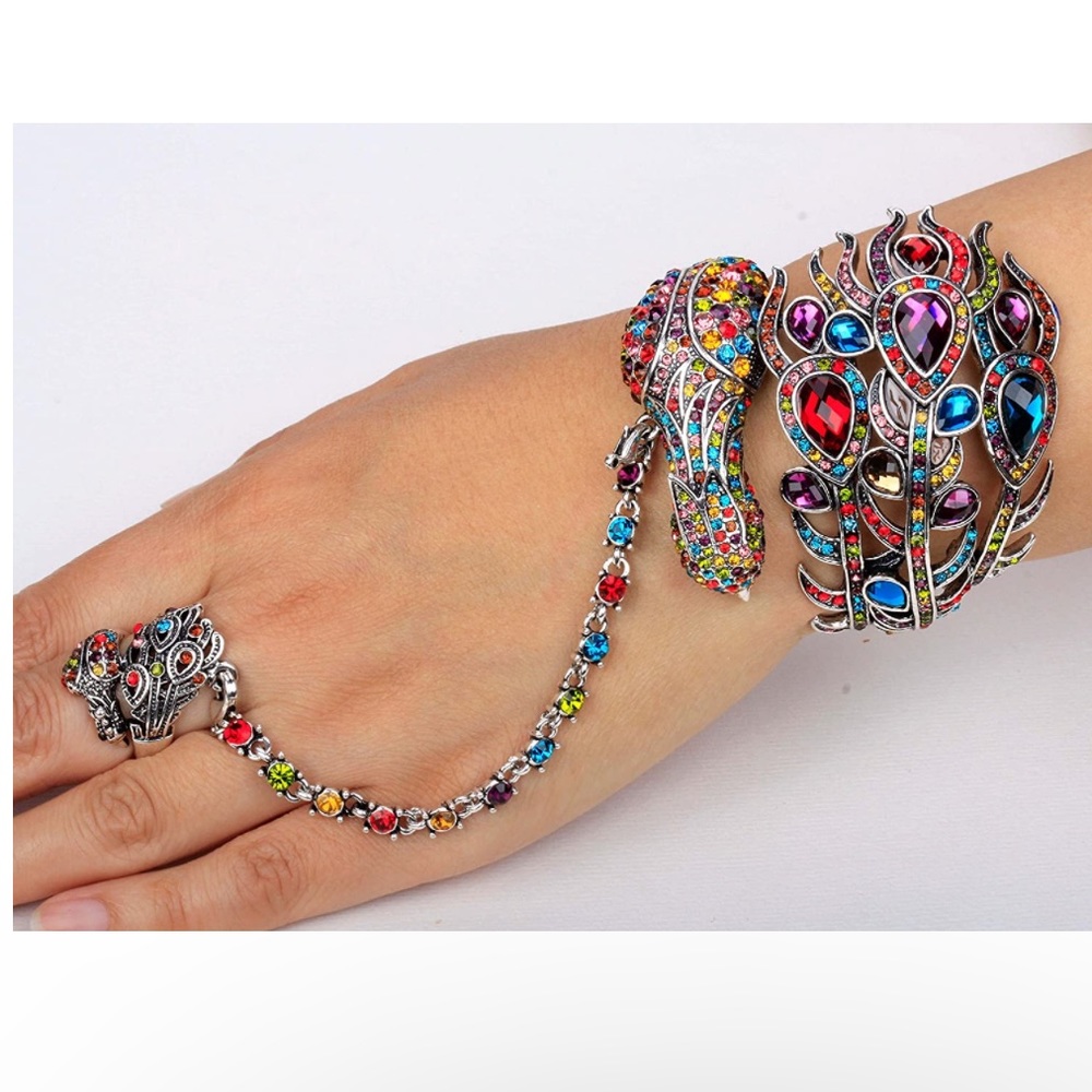 Gorgeous Hinged Big Peacock Bracelet with a ring
